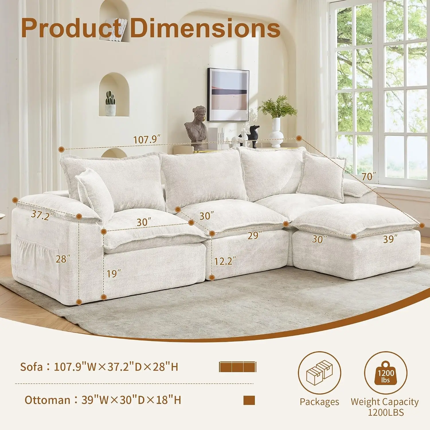 Modular Sectional Sofa Deep Seat Fluffy Cushion Convertible Ottoman Cloud Comfort No Assembly 108