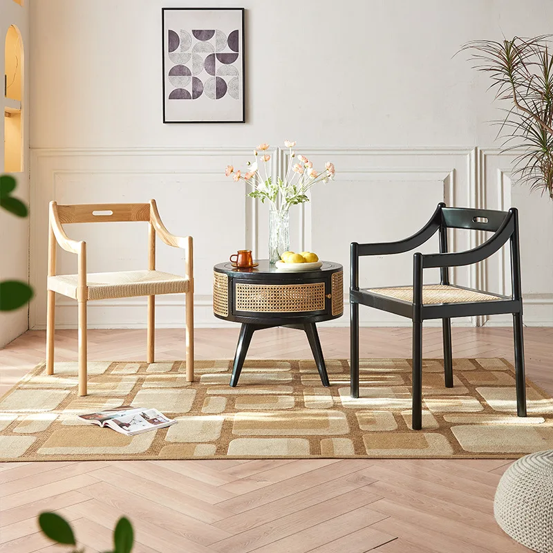 Nordic Minimalist Dining Chairs Mid-Century Style Solid Wood Rattan Cushion Chair Dining Room Sillon Individual Home Furniture