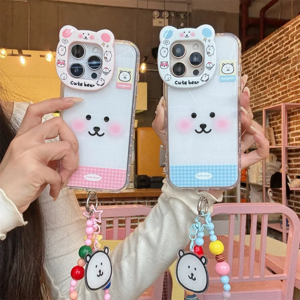 

Korean kawaii 3D white bear phone case for iPhone 16 Pro 17 15 Pro Max 14 Pro cover with chain shockproof Fundas Protection Case