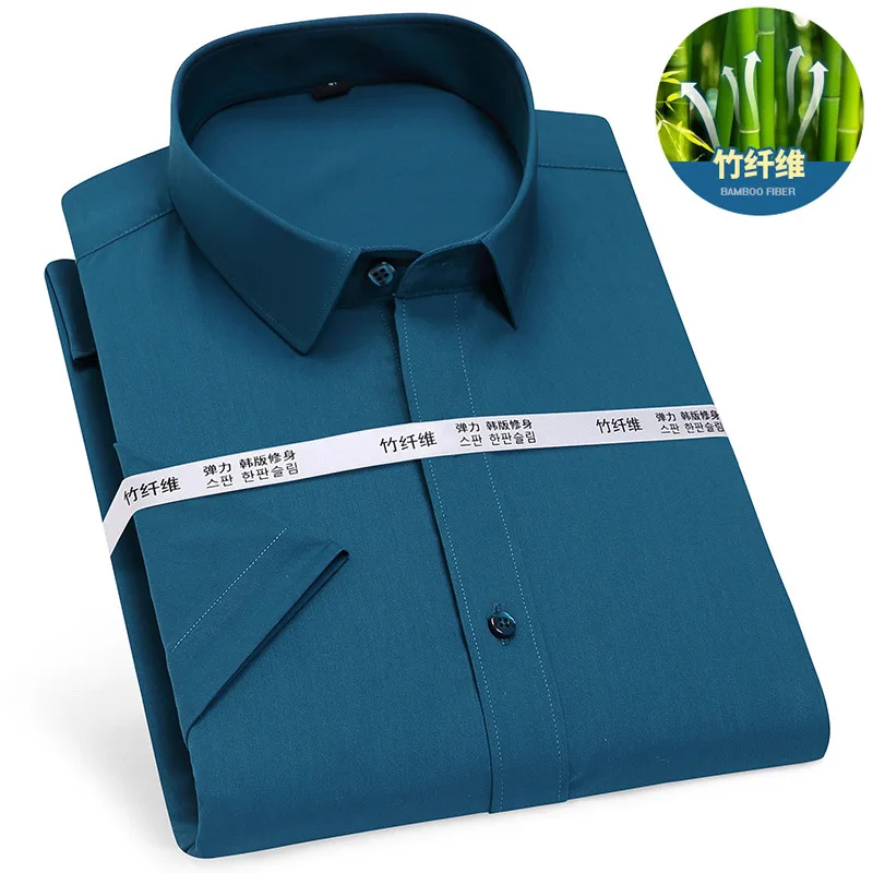 Camicia da lavoro bianca casual in fibra di bambù non stirabile, colore puro, abbigliamento da lavoro, camicia da uomo slim quotidiana, manica corta