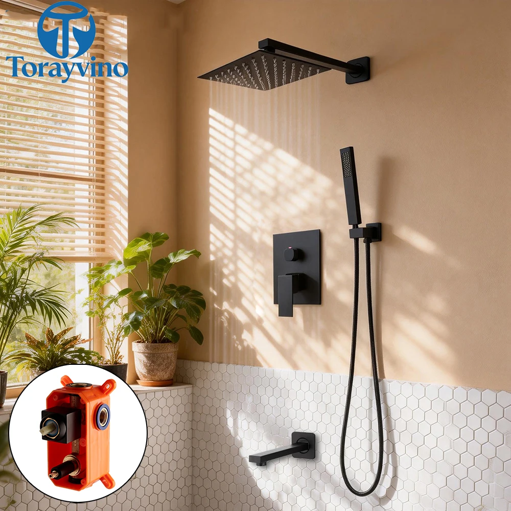 Torayvino Black Bathroom Shower System Faucet Set Outdoor 3-Functions Rainfall Shower Head  Bathtub Mixer Tap with Hand Sprayer