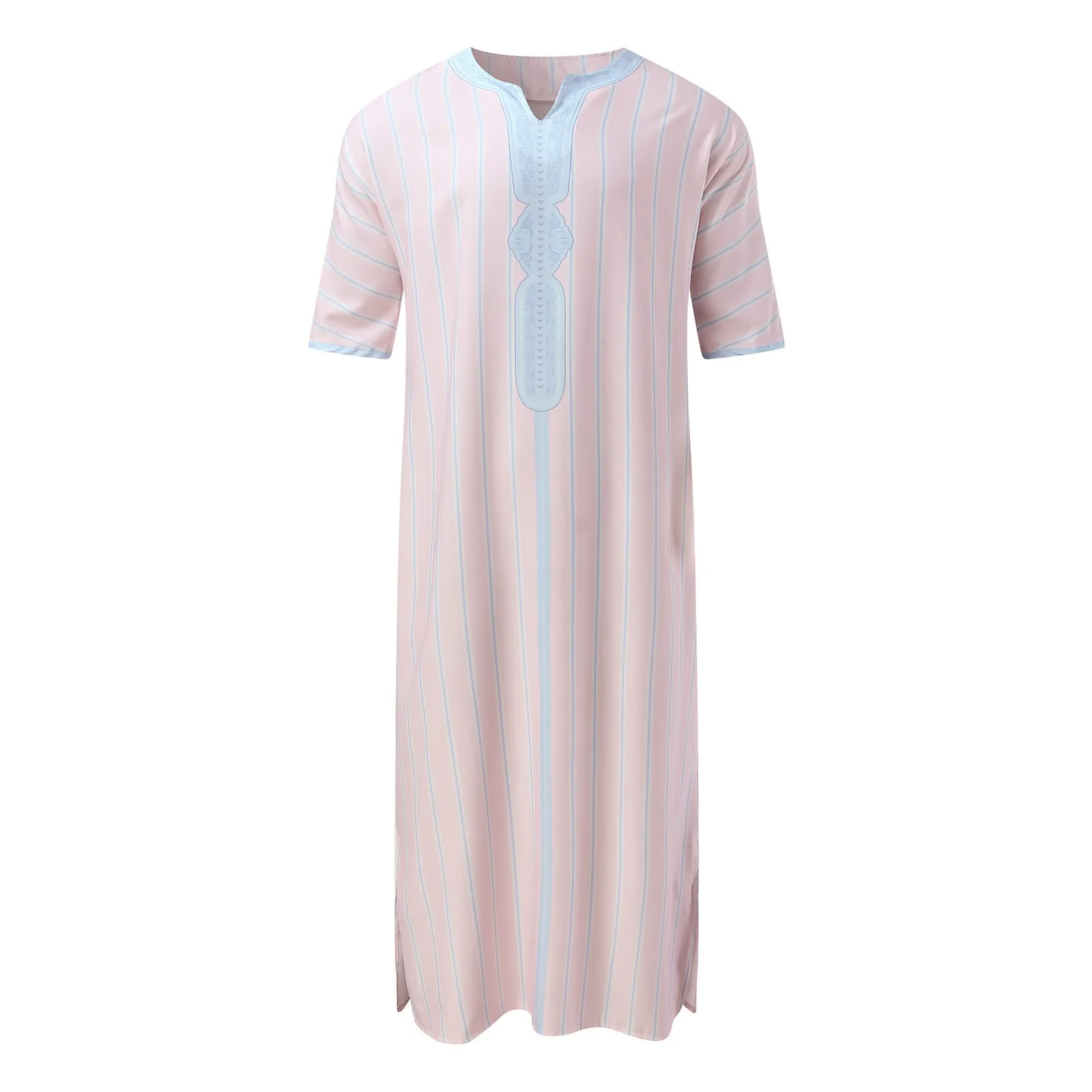 Robe d'été décontractée à manches trois-quarts pour hommes, style ethnique arabe, col en V, imprimé patchwork, robe musulmane, vêtements islamiques, mode estivale