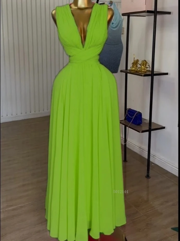2025, neue Damen-Kleid, ärmellos, Ausschnitt, Rückenwickel, V-Ausschnitt, plissiert, A-Linie, Chiffon, Maxi-langes Kleid, Geburtstag, Urlaub, sexy Partykleider