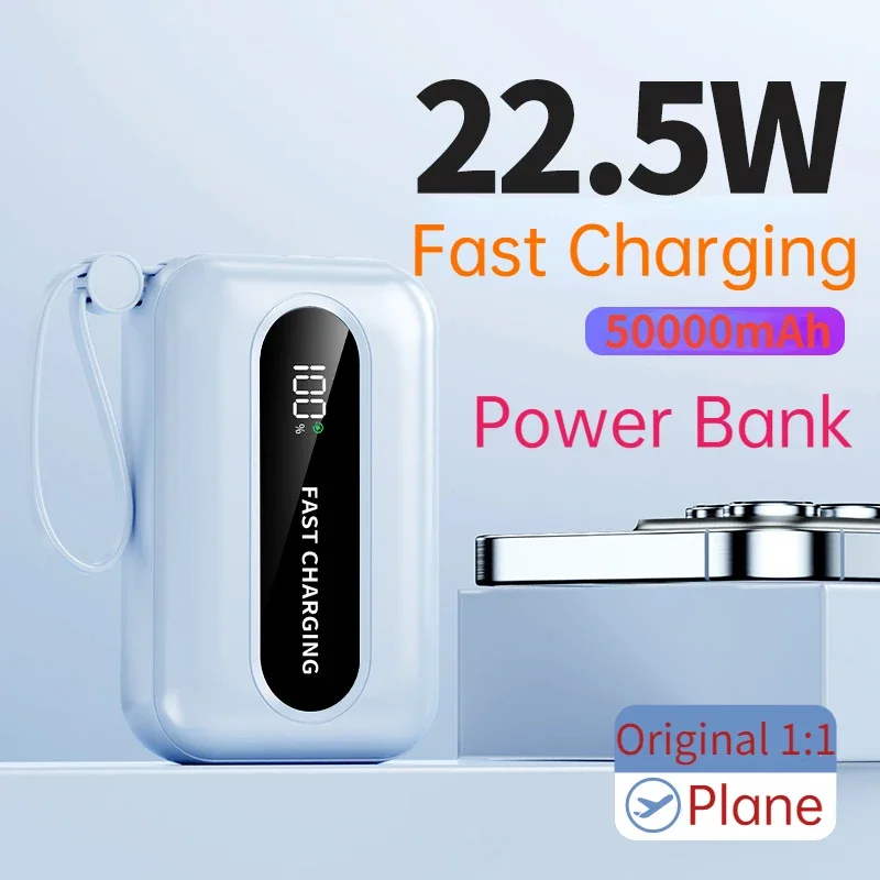 

New PD 22.5W Fast Charging Power Bank with Built-in Cable 50000mAh Battery Charger Cases for iPhone Samsung Huawei Xiaomi Type-C