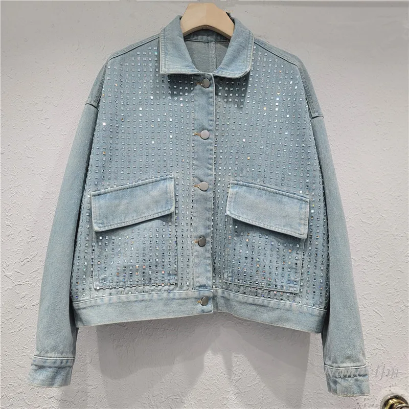 

Heavy Crystal Hot Drilling Workwear Denim Jacket Women's 2024 Autumn New Loose Fashion All-Matching Light Blue Coat