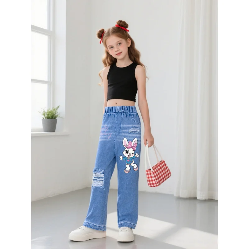 Girls' Cartoon Rabbit Print Ripped Faux Craft Jeans Kids' Printed Torn Faux Jeans 2026 Trendy Kids' Denim Pants