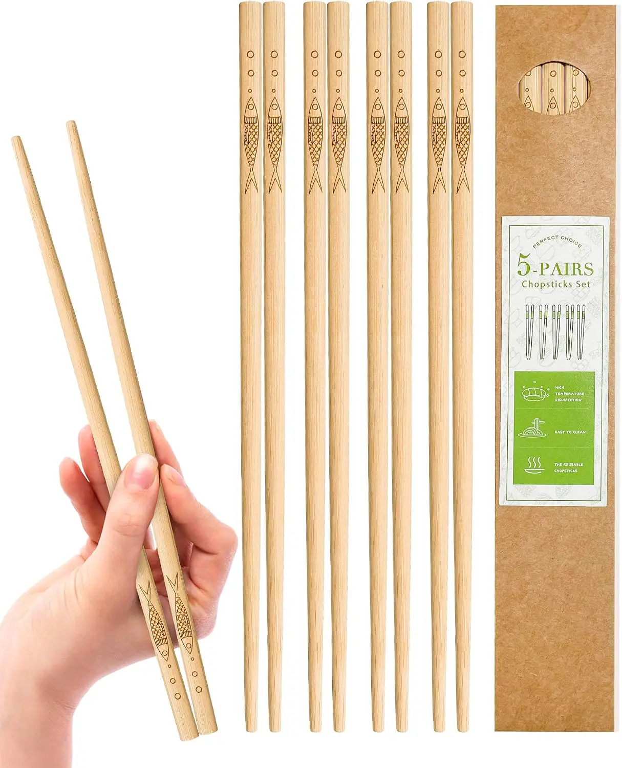 5 Pairs Of Reusable Bamboo Chopsticks, Classic Healthy High-Quality Natural Bamboo Chopsticks, Dishwasher Safe, 9.8 Inches