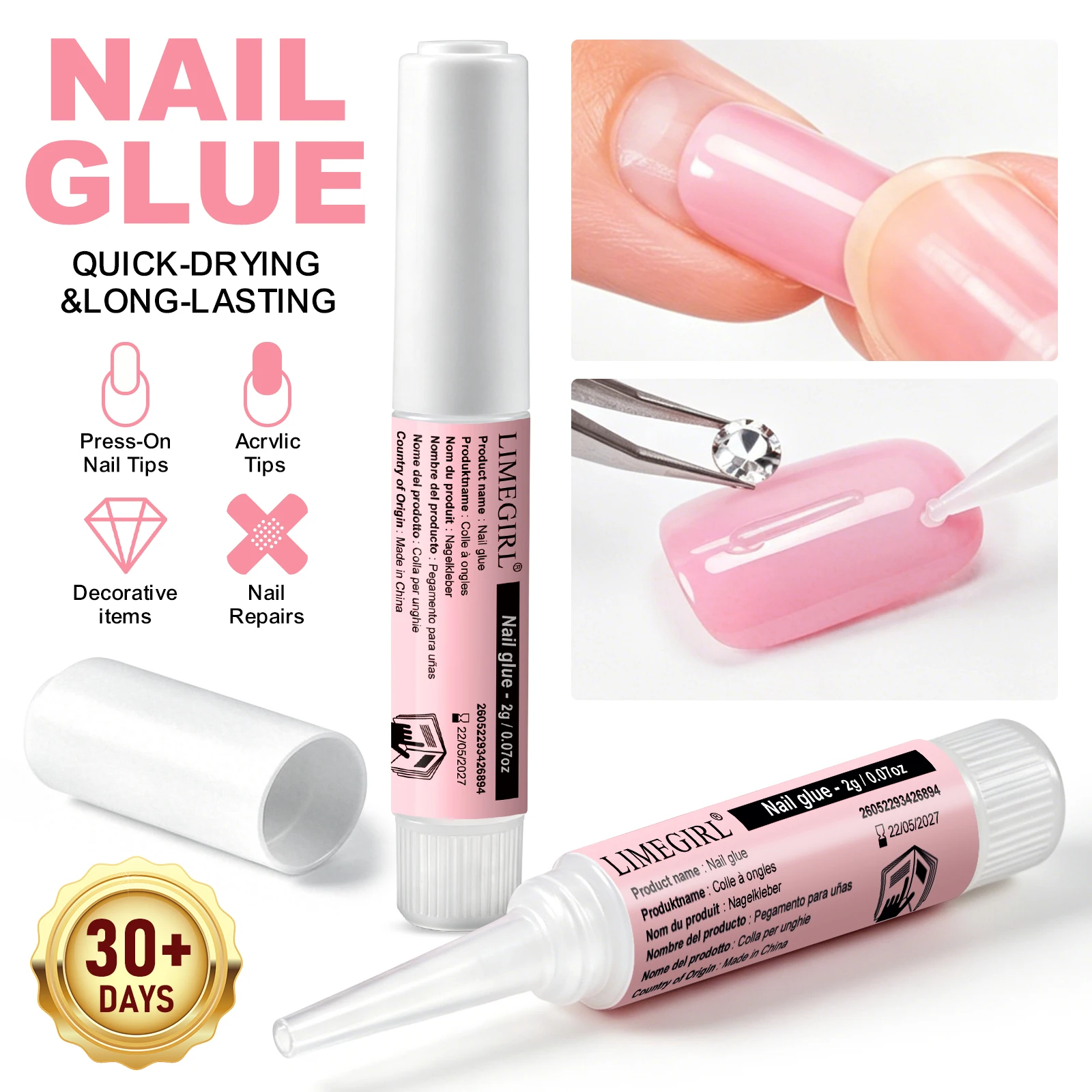 LIMEGIRL Schnelltrocknender Nagelkleber, Acryl-Klebegel für künstliche Nagelspitzen, für schnelle Verlängerung, Super-Bond, Strass, künstliche Nägel, Mini-Kleber