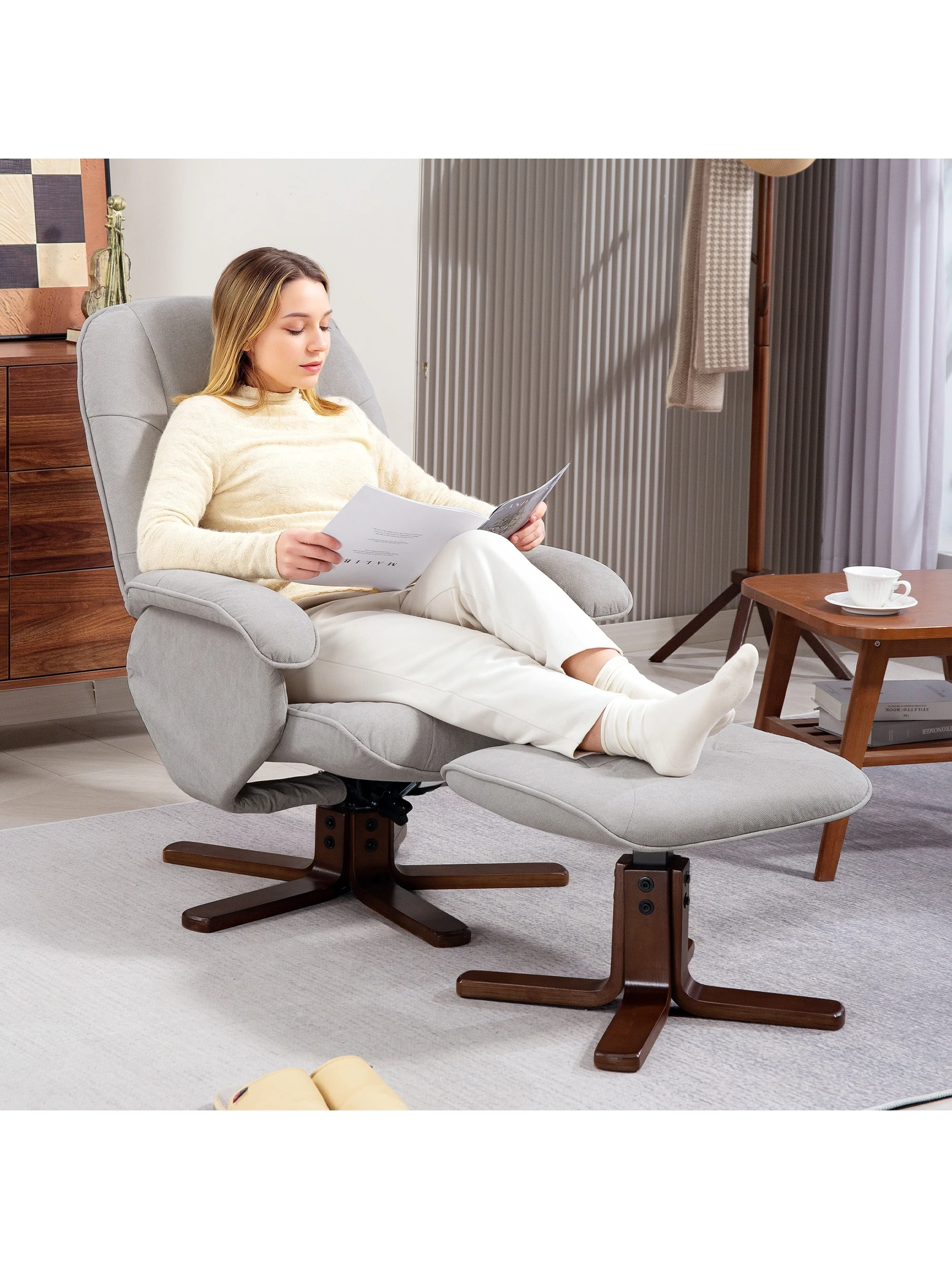 HOMCOM Swivel Recliner Chair with Footstool and Wooden Base, Light Grey