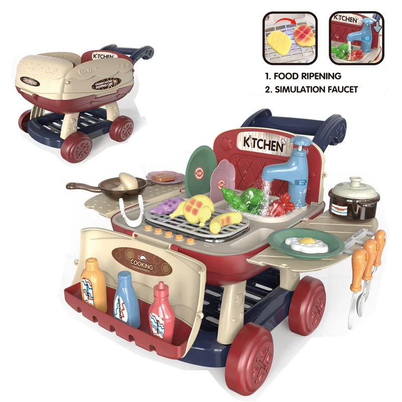 Children Simulation Kitchen Shopping Cart Two-In-One Family Play House Simulation Cooking Kitchen Educational Leisure Toy