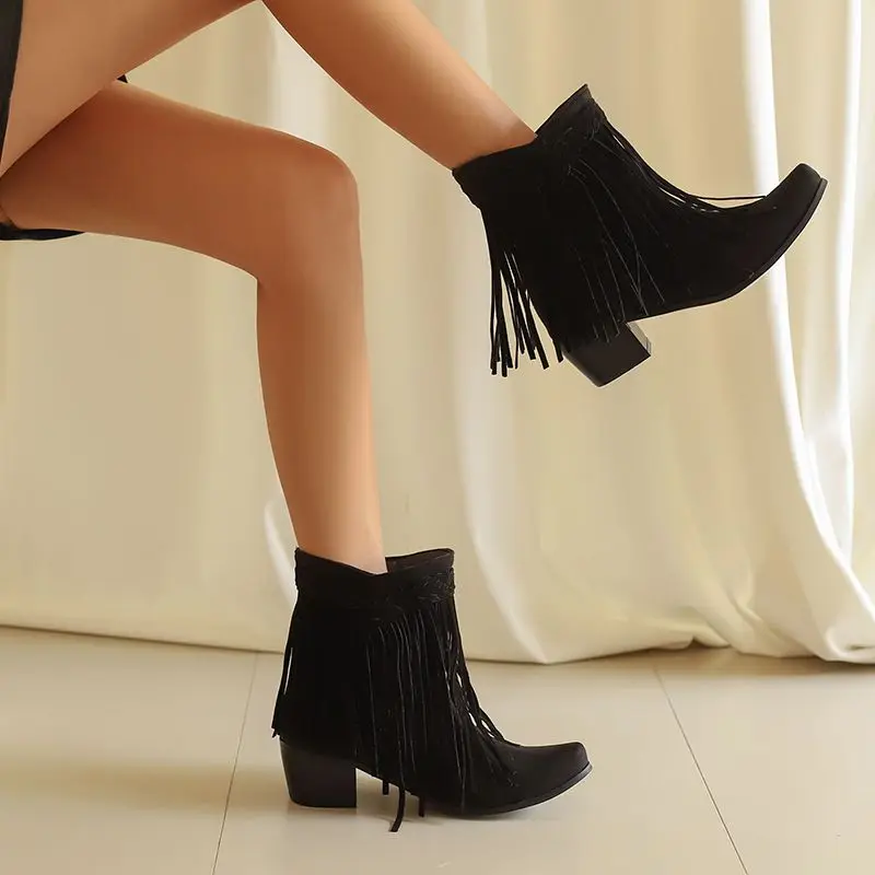 

ASILETO Flock Suede Women Ankle Boots Fringe Square Toe Block Heels 5cm Slip On Large Size 44 45 46 Leisure Vintage Daily Bota