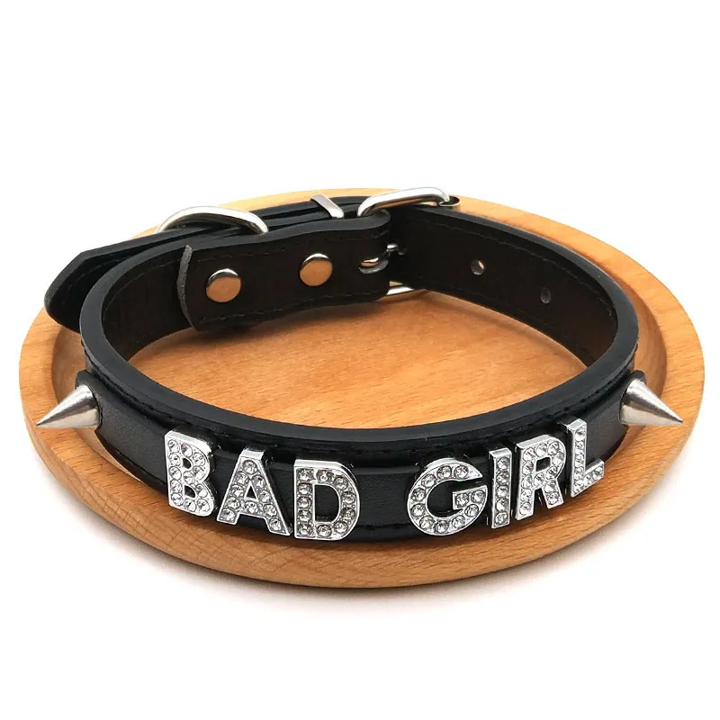 Sexy Punk Rivet Rhinestone Letters BAD GIRL Choker Collar Necklaces Women Girls Black PU Leather Chocker Cosplay Jewelry Gift