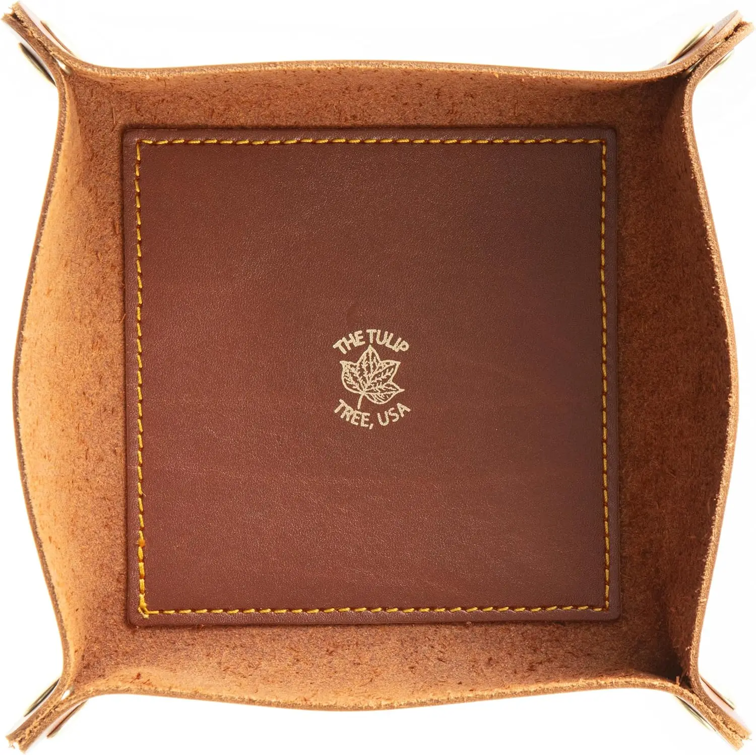

USA Handmade Premium Leather Valet Tray, Folds Flat! Dice Rolling Basket and Organizer with Brass Snaps (Chestnut Gold,