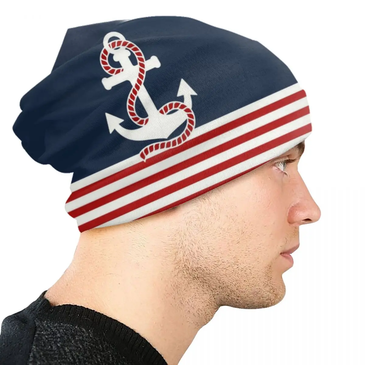 Navy Blue Stripes Nautical Anchor Boat Bonnet Hat Knitting Hat Men Women Fashion Unisex Adult Winter Warm Skullies Beanies Caps