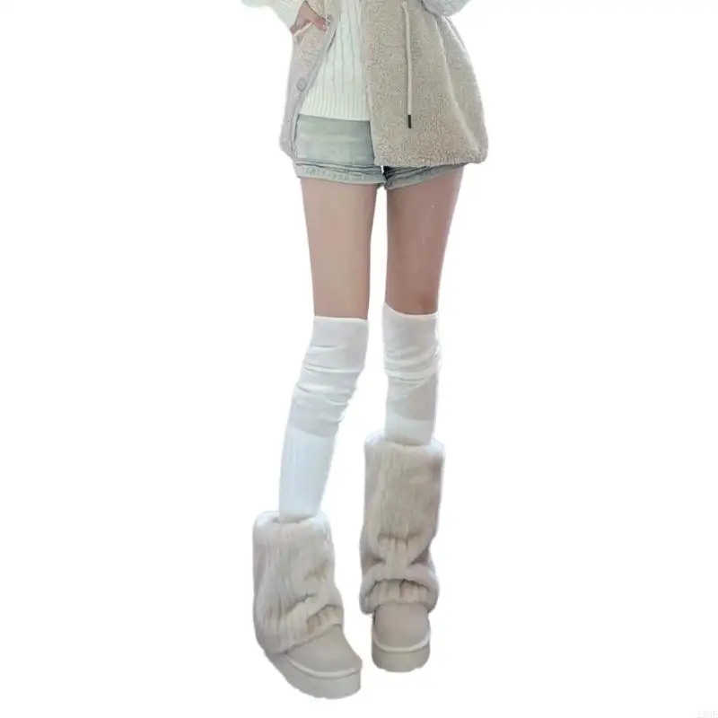 23GE Fuzzy Faux Furs Leg Warmers Furs Long Cuffs Cover Has Elastic Pair Carnivals Boot Cover Y2K JK Uniform