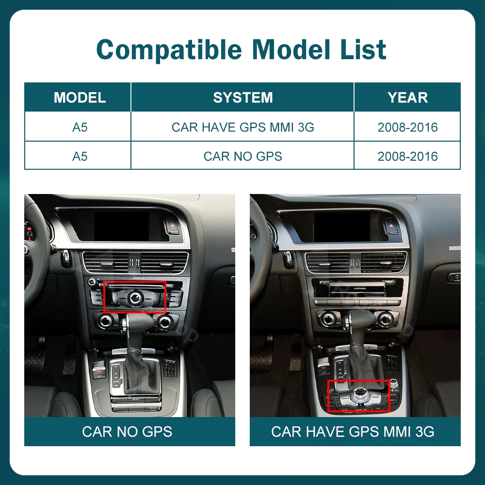 12.3 inch Wireless CarPlay Multimedia Screen Android Auto For Audi A5 2008-2016 Airplay Autolink