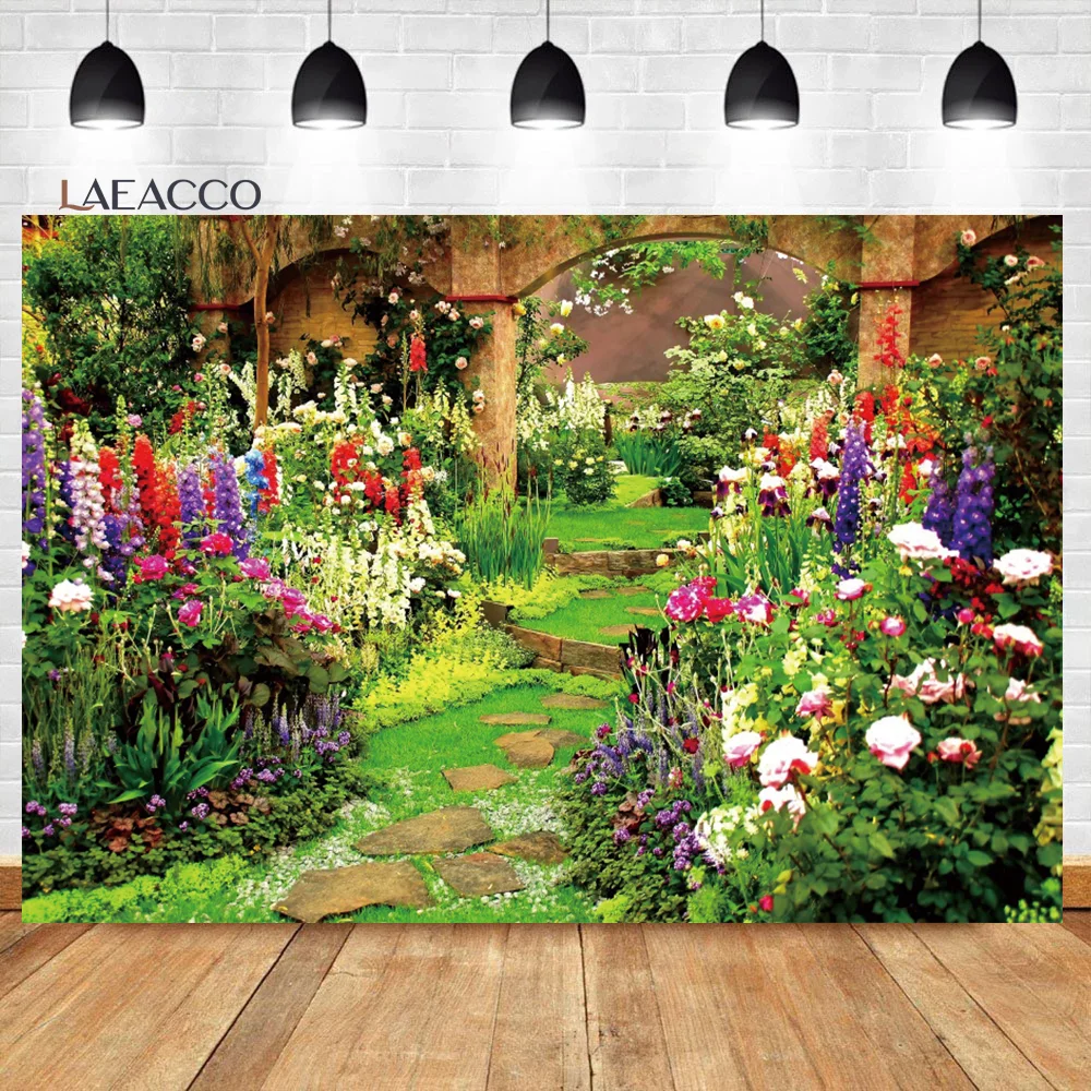 Laeacco Spring Scenery Elegant Garden Backdrop Colorful Flower Green Plant Outdoor Wedding Party Portrait Photography Background