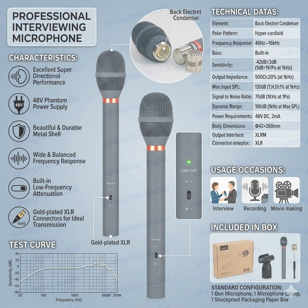 

Hypercardioid Microphone Advanced Acoustic Interference Best for Clear Audio in Pro Recording Field Work Built-in Low-Cut Switch