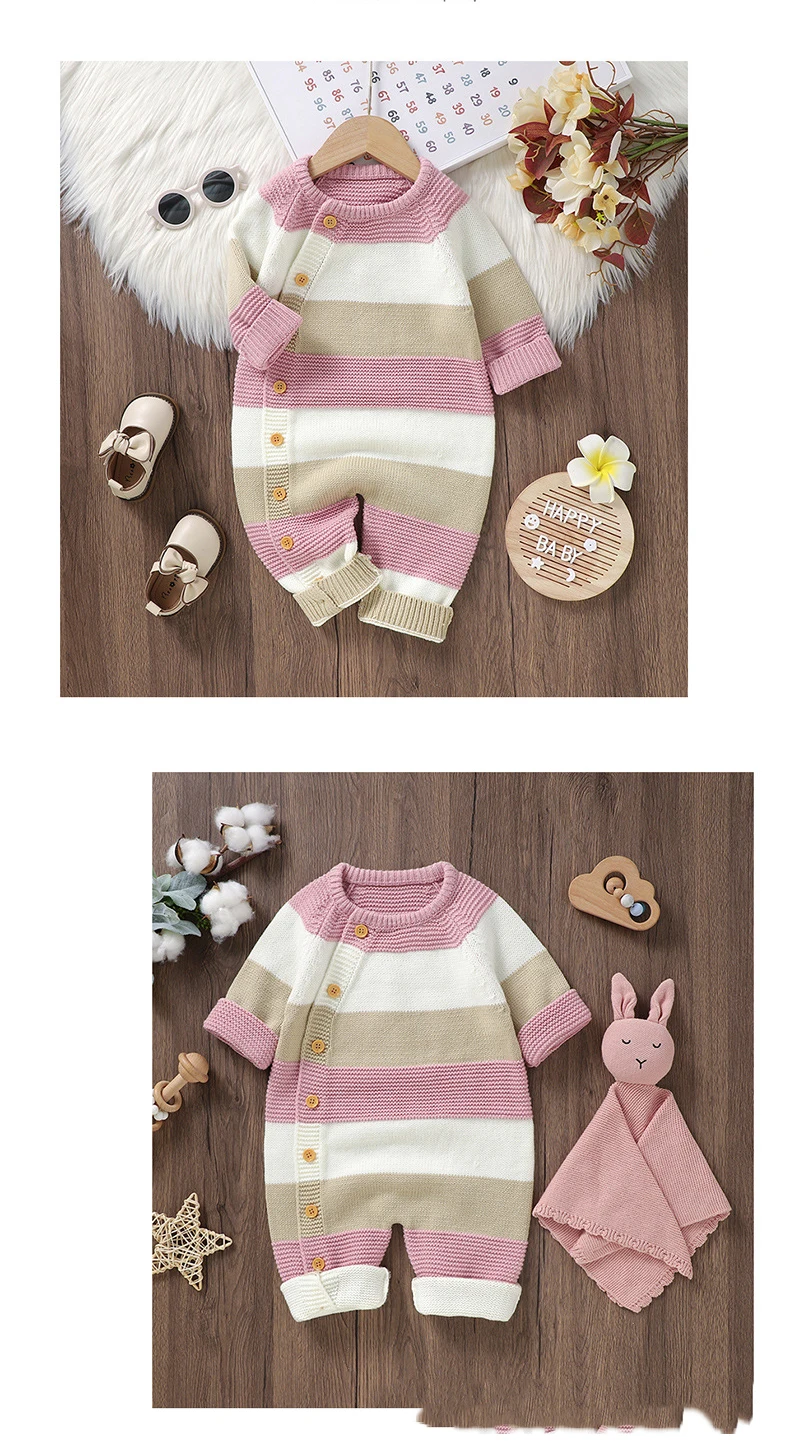 New Baby Boy Girl Knitted Striped One-Piece Romper Single-Breasted Jumpsuit Autumn Winter Stuff Clothes Bodysuits New Born Items