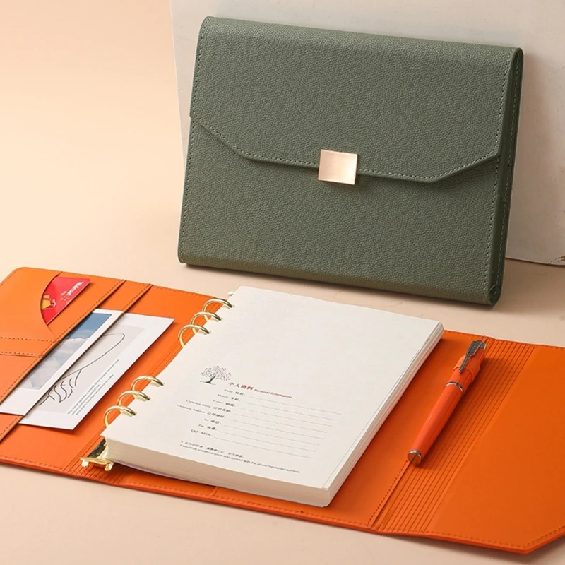 PU Leather Journal Refillable 6 Rings Binder Notebook with Pen Slot and Card Holder 200Pages Lined for Women Men Student K1KF