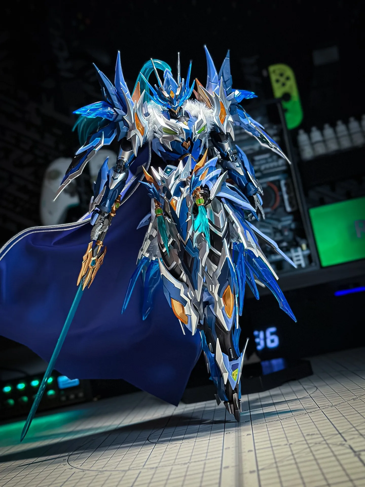 محرك مخصص NUCLEAR مدرع تجميع Guochuang Mech Zhao Yun Dragon General الأزرق طباعة عباءة المشهد الدعائم لشخصية العمل #5