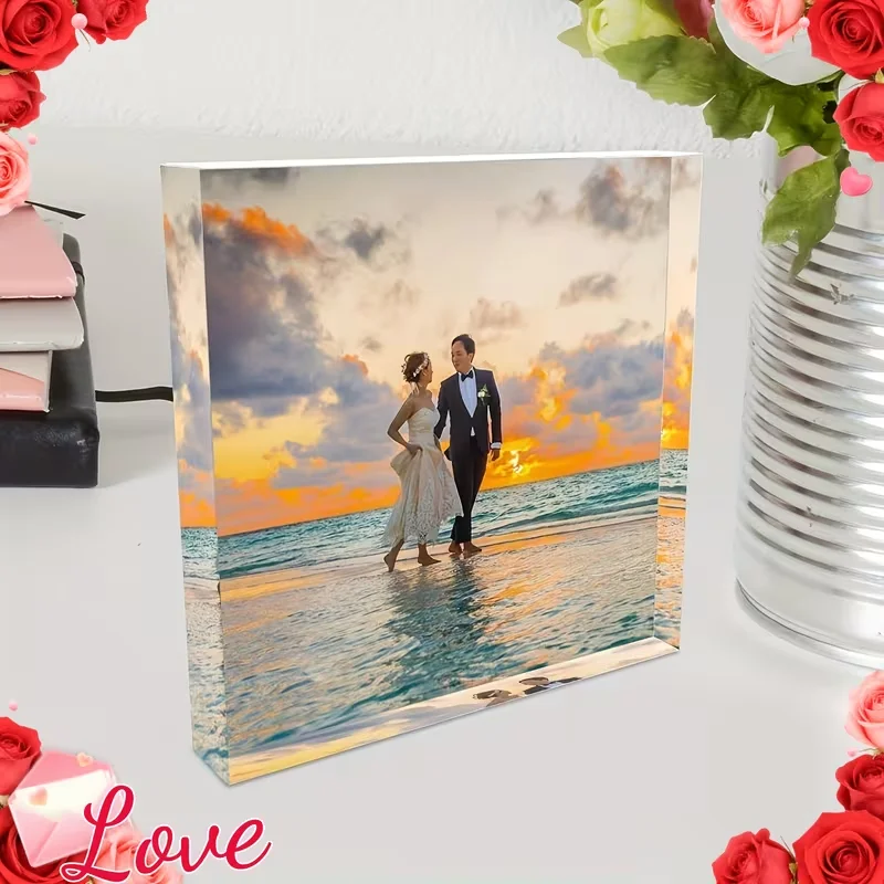 A Custom Acrylic Desktop Decoration with Personalized Photo Options, Including Artistic Images, Couple Portraits, and Family Pho