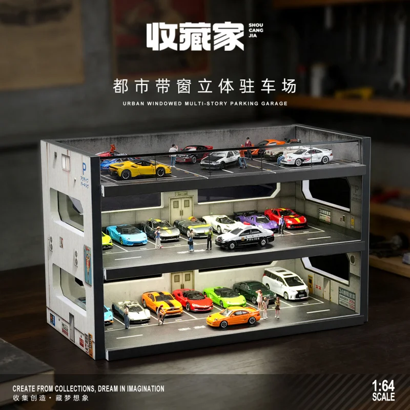 1-64-scale-toy-car-display-with-led-light-garage-scene-simulation-parking-lot-tomica-storage-box