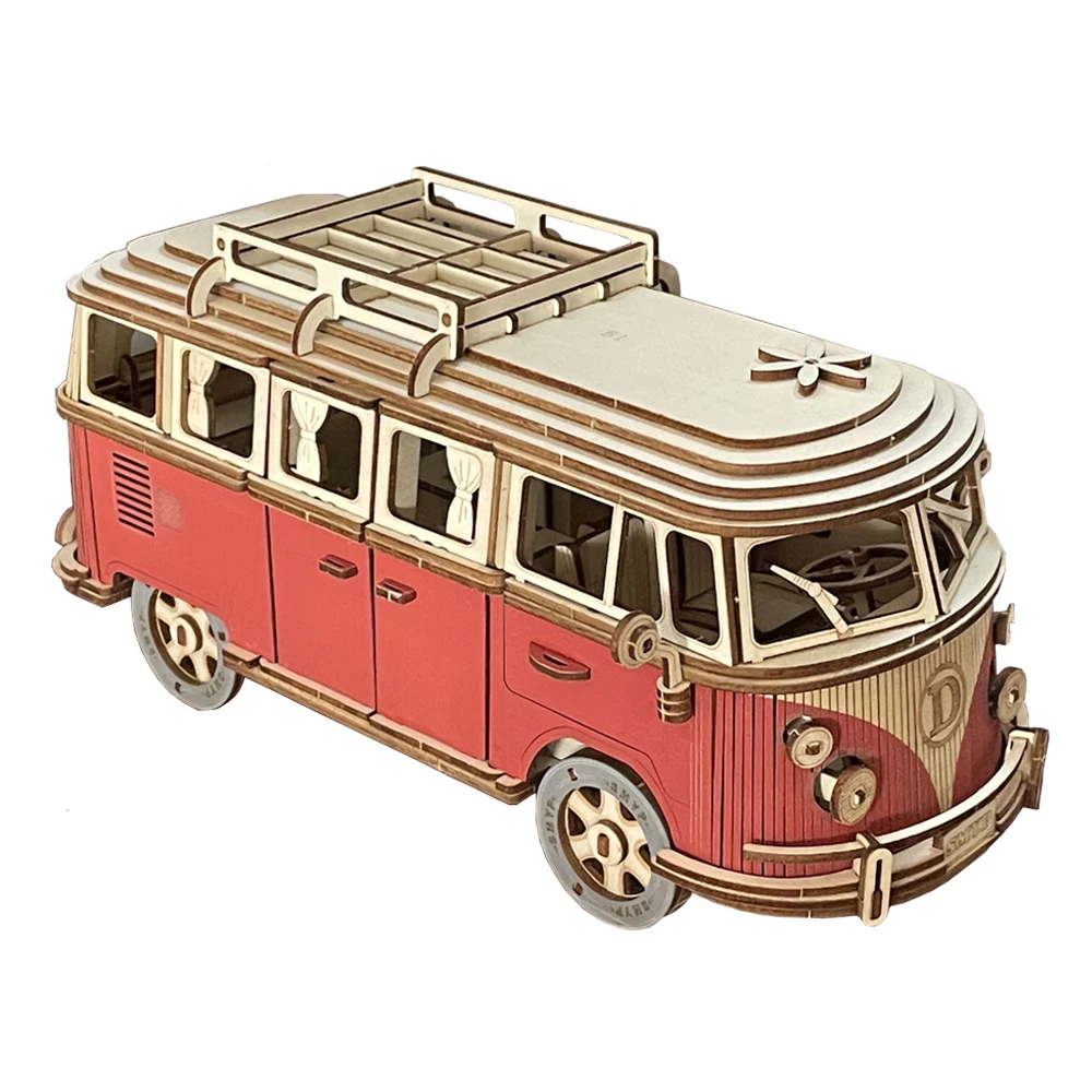 Campervan 3D Wooden Car Puzzle Retro Bus European-style DIY Princess Castle Villa Model Wood Jigsaw Toys For Children Girls