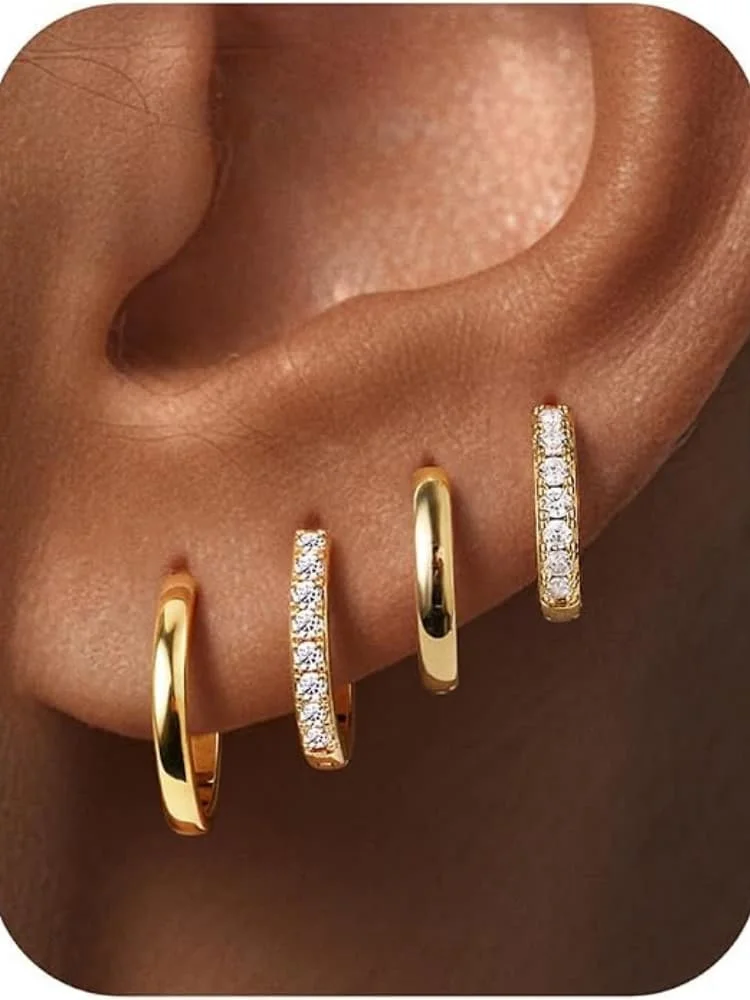 4 Pairs 925 Silver Plated CZ Hoop Earrings Set for Women Cartilage Helix Sparkling Cubic Zirconia Huggie Hoops Earrings Jewelry
