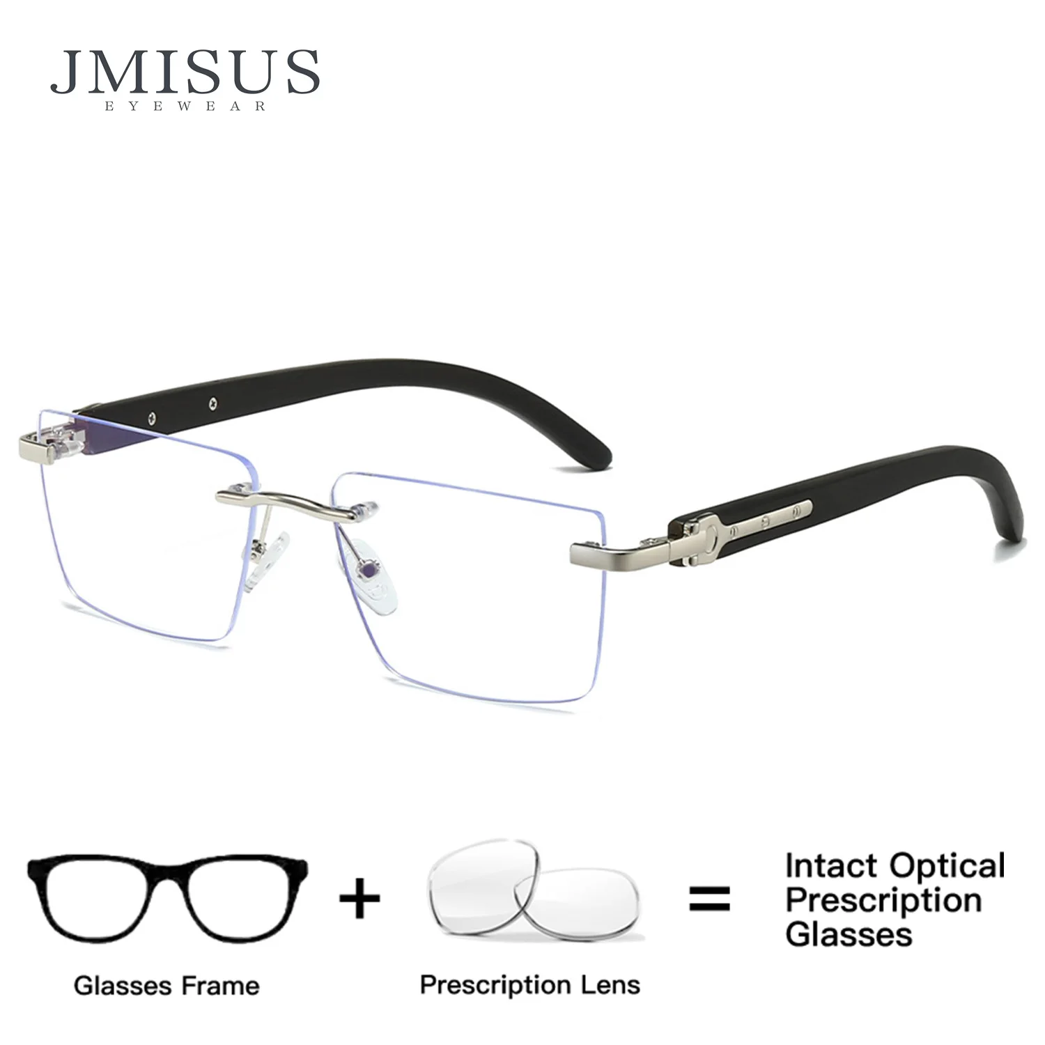 JMISUS Trendy Rimless Metal Alloy Progressive Multifocal Glasses Man Anti-Blue Ray Rectangle Prescription Eyeglasses