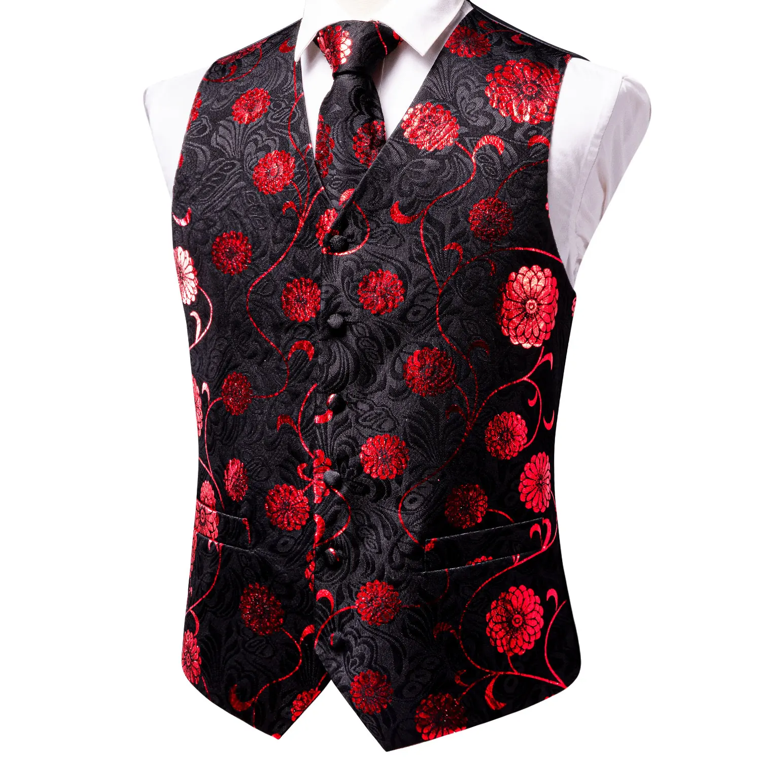 Hi-Tie Silk Mens Vest Tie Hanky Cufflinks Set Jacquard Floral Paisley Waistcoat Sleeveless Jacket Necktie for Male Wedding Work