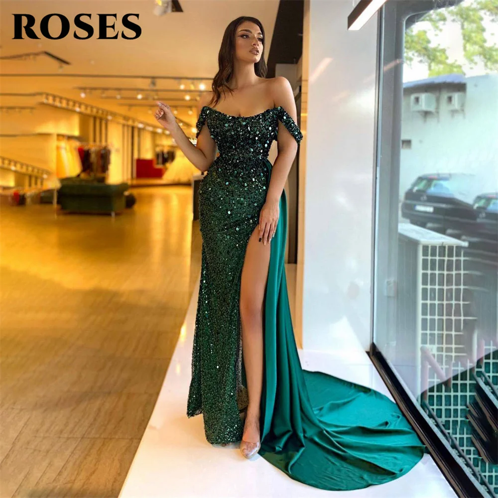 Rozen Groene Avondjurk Strapless Glitter Zeemeermin Feestjurk Met Plooien Van De Schouder Prom Dress Sexy Side Split, Heten