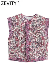 Zevity-Mulheres estilo nacional O pescoço estampa Floral Patchwork acolchoado algodão colete jaqueta, senhoras Retro Slim colete tops, CT332, 2024