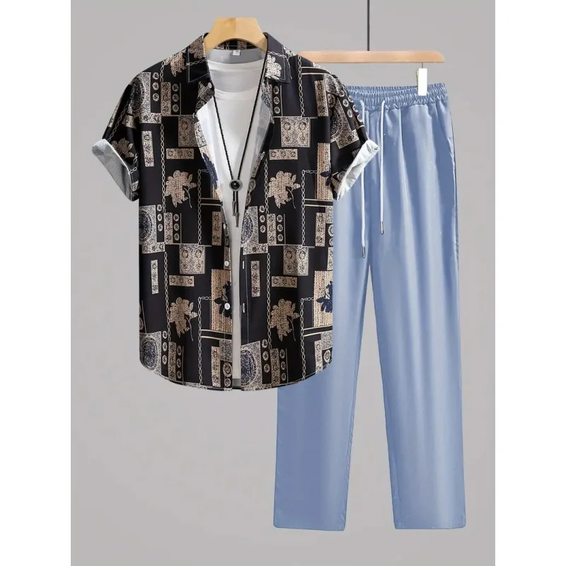 

Мужской повседневный наряд из двух частей: 3D-печать в стиле ретро с цепочкой, рубашка на пуговицах с короткими рукавами, брюки на шнурке, отпуск в гавайском стиле