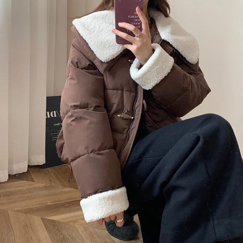 ITOOLIN New Winter Doll Collar Fashionable Casual Warm Cotton Clothing Lamb Wool Cotton Blend Women's Clothing Cotton Clothing