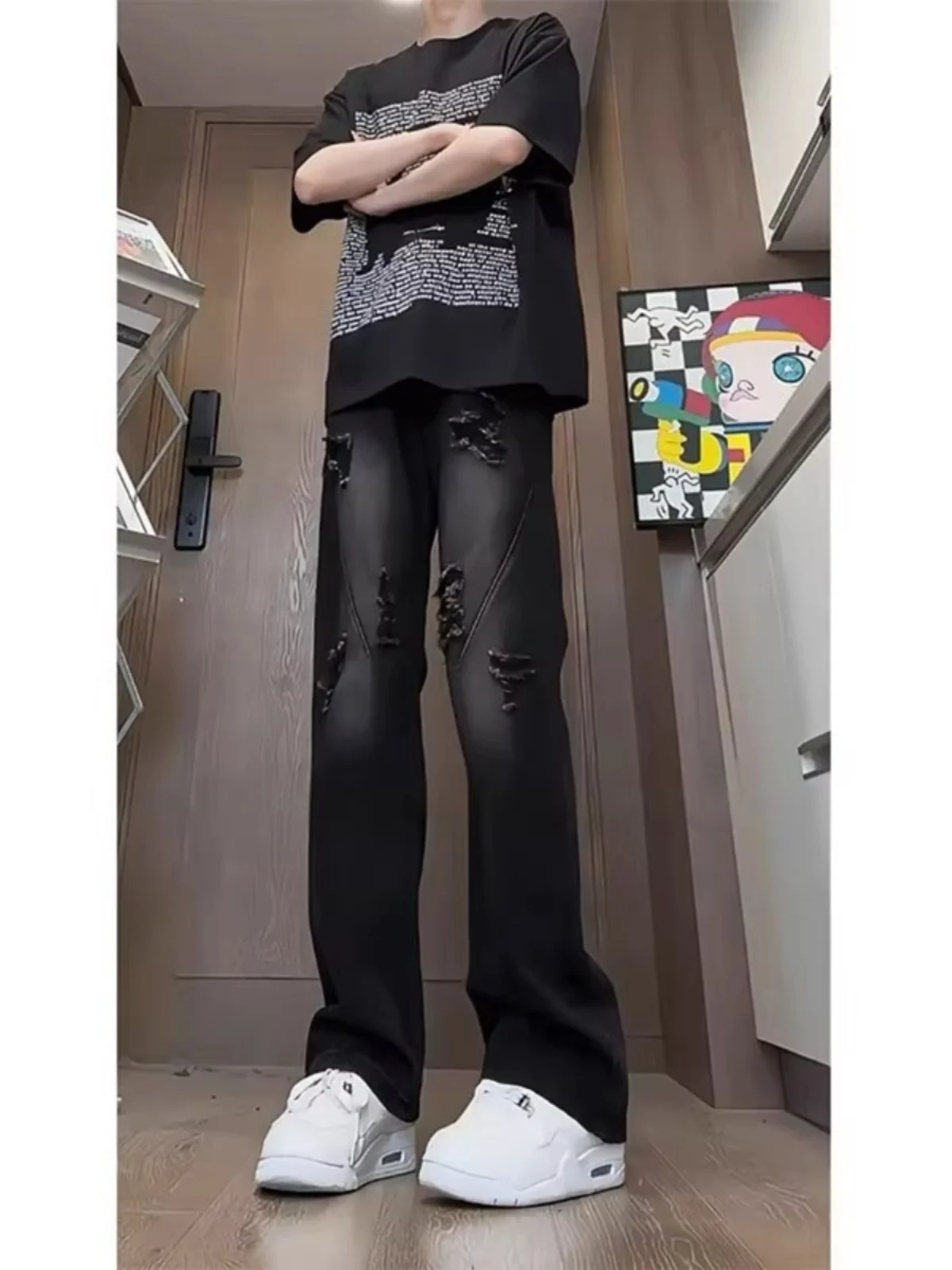 

American Sle Men's Bla Hole Denim Pants Summer Thin High Street Vibe Straight Leg Slimming Long Trousers Casual Jeans