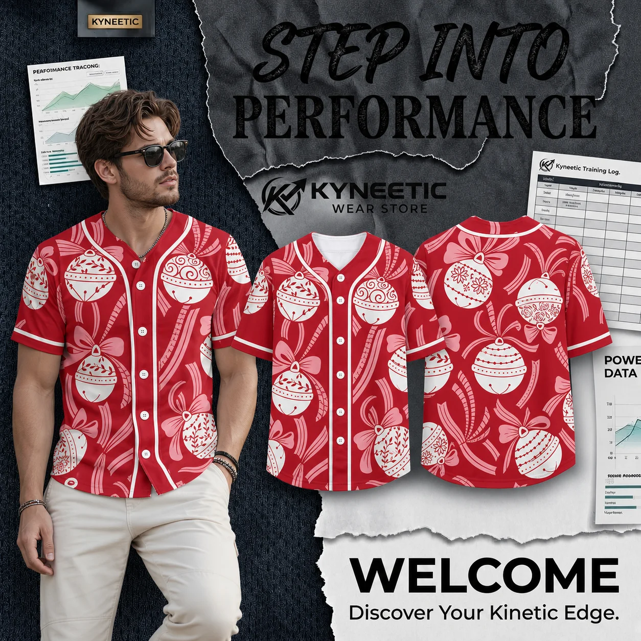 Merry Christmas Baseball Jersey Men's Tree Reindeer Ginger Print Shirt Vintage Oversized Button Down Sporty Holiday Streetwear