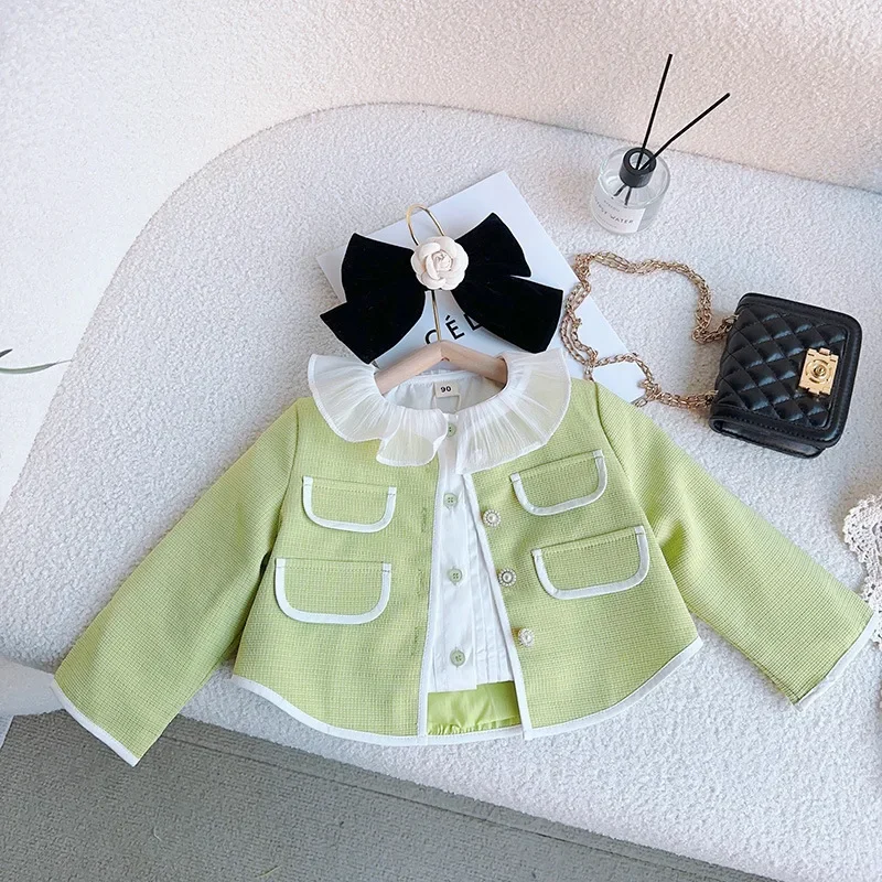 Two Pieces Fahsion Baby Girl Clothes Green Lacy Peter Pan Collar Coats Cardigans Pleated Skirts Children's Sets