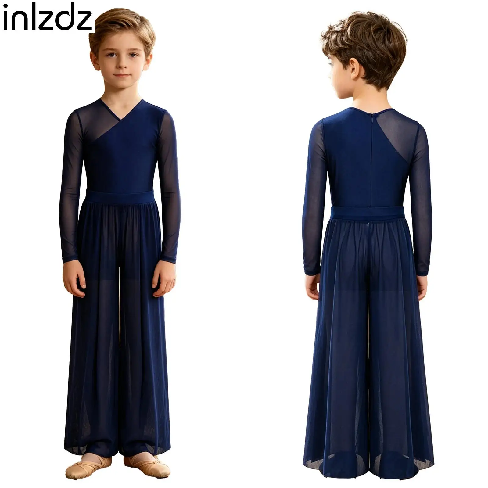 

Kids Boys Lyrical Jazz Dance Outfit Long Sleeve Back Invisible Zipper Bosyduit with Split Mesh Pants Modern Dance Clothing Set