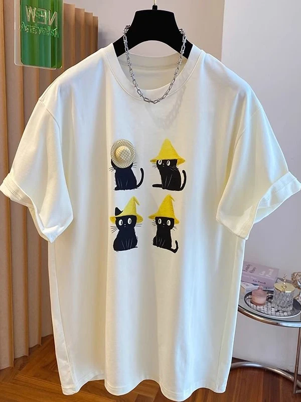 

Cute Korean Style Cartoon Print Short Sleeve T-Shirt Women's Loose round Neck Summer Top Age-Defying INS Fashion