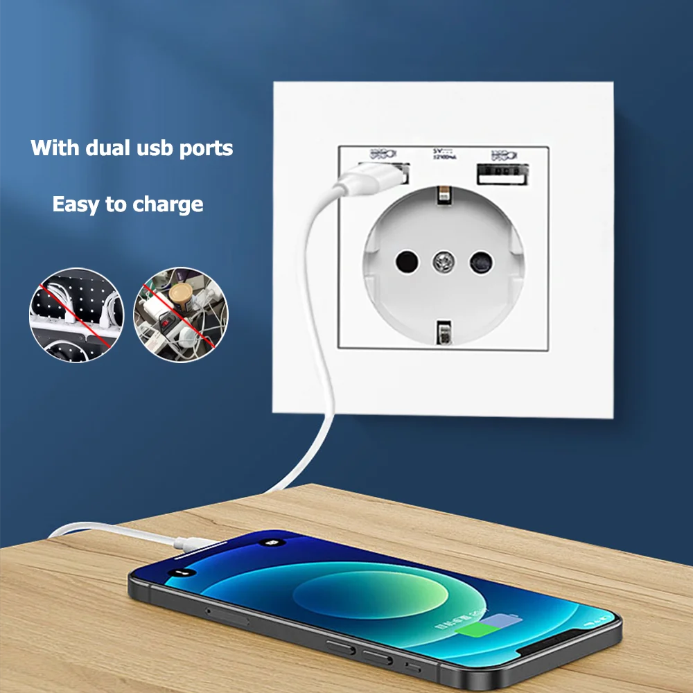 EU Wall Power Socket,5V 2.1A Electrical Outlet,86mm*86mm 16A Dual USB Port IOS Android Phone Charging Port Plug Socket