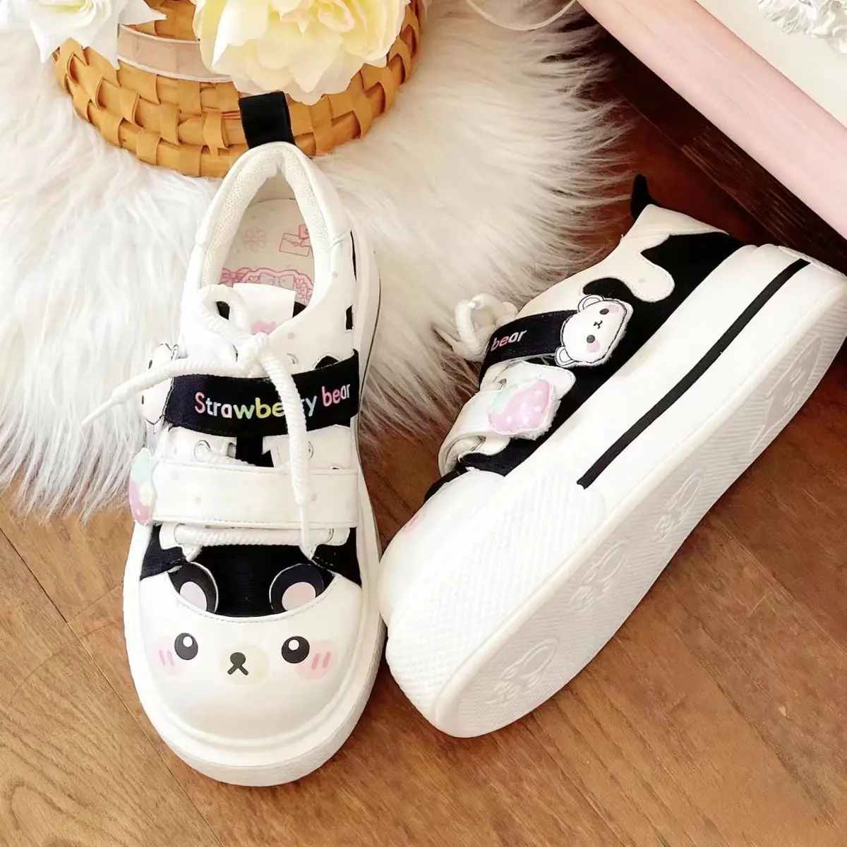 2026 Autumn New Cute Strawberry Bear Lolita Canvas Shoes for Women Thick Sole Big Toe Bread Shoes Sweet Girl Casual Sneakers - view 3