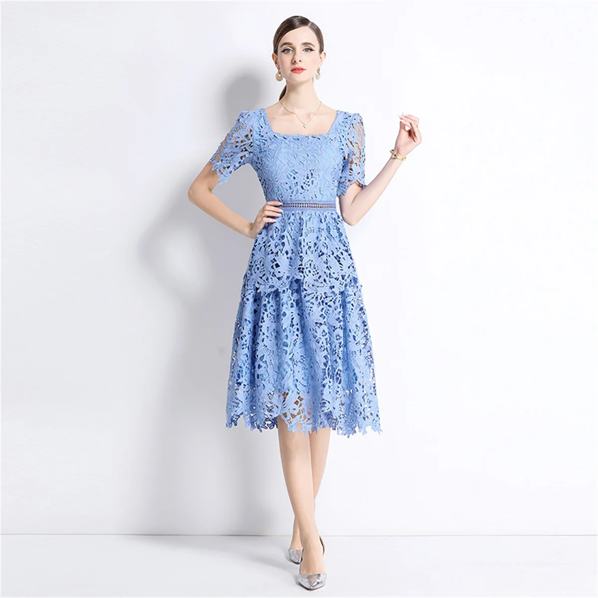 

Original Luxury Women's Square neck Short Sleeve Slim Party Vestidos De mujer Elegant Holllow out Embroidery Ruffles Lace Summer