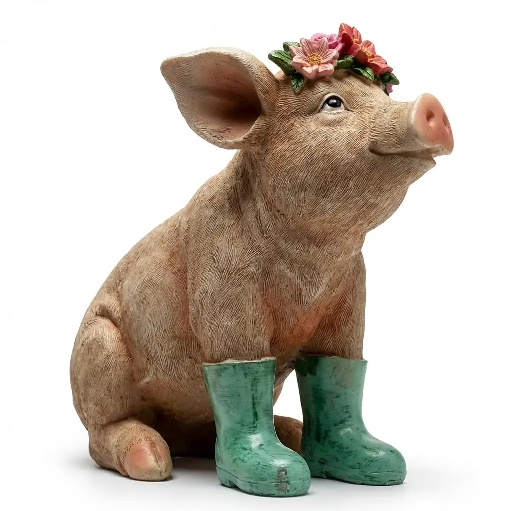 Urbalabs Western Piggy in Green Rain Boots Sitting Pig Statue with Rose Halo Garden Lawn Pigs Desk Office Ornament Outdoor