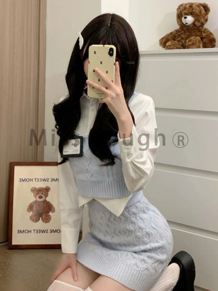 Winter Kawaii Knitted Three Piece Set Women Japanese Party Mini Skirt Suit Female Korean Fashion Y2k Sweet Sweater Set 2023 New