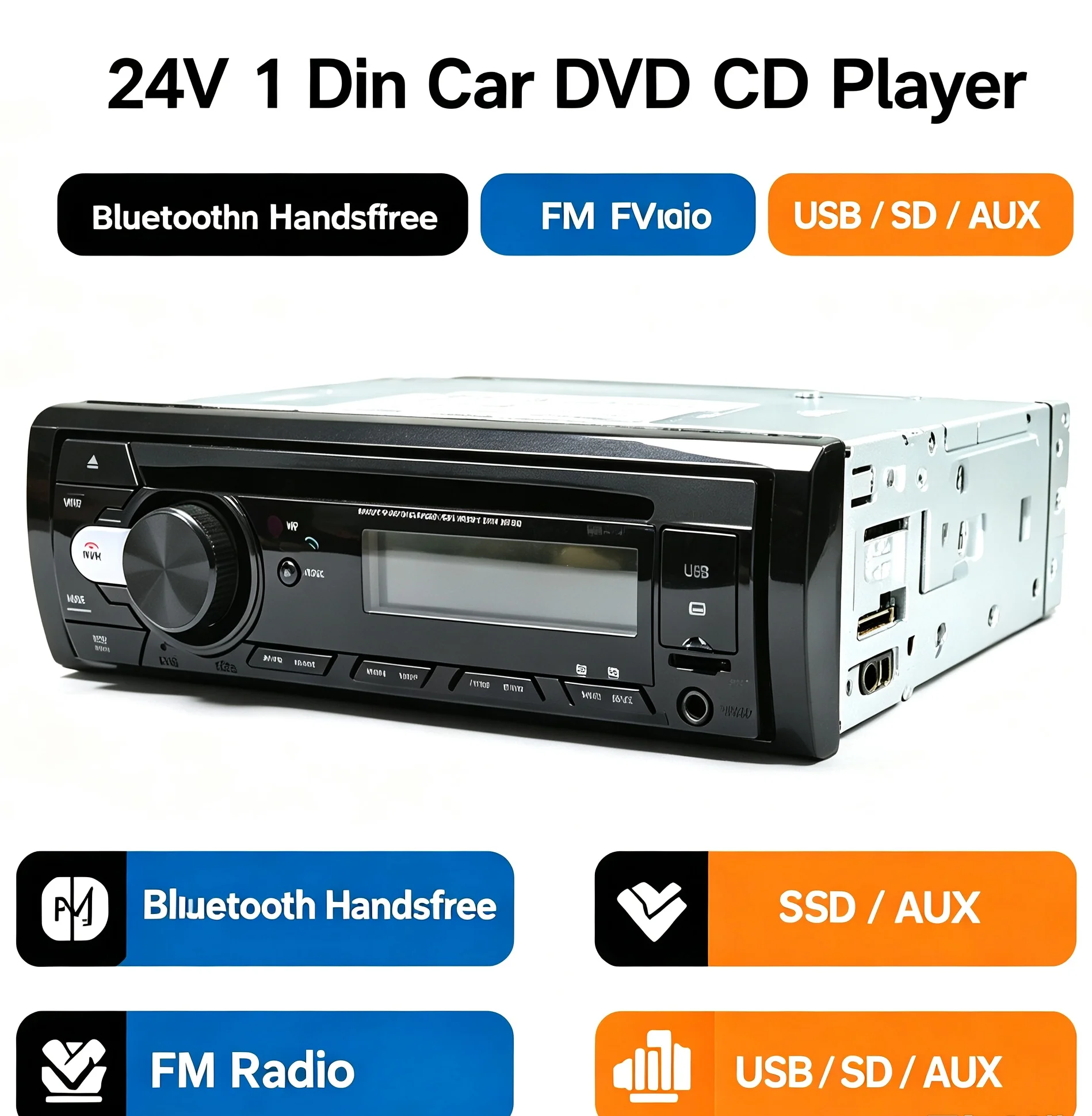 24V 1 Din Car DVD CD Player Bluetooth Handsfree FM Radio USB SD AUX Car Stereo Audio