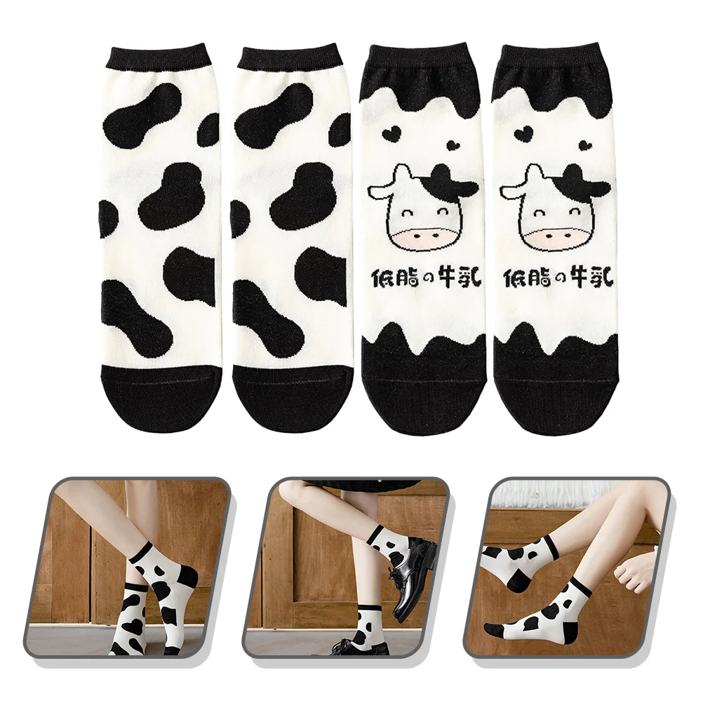 

2Pairs Cartoon Cow Cotton Breathable Sports Socks Ankle Socks Perfect Fit Comfortable for Spring Summer Autumn Use
