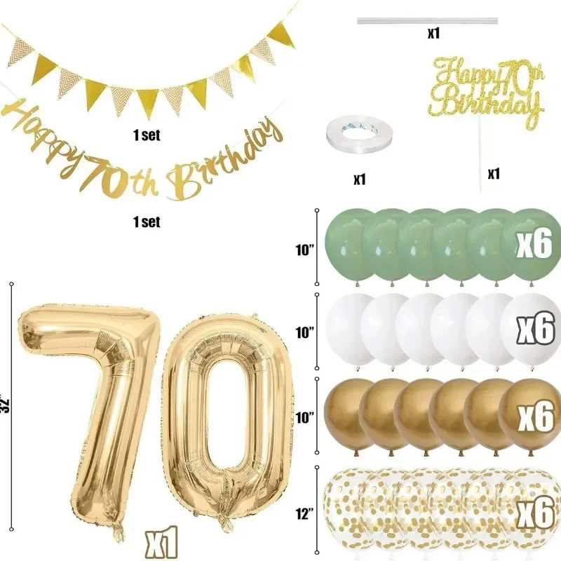 Green Gold Birthday 18/30/40/50/60/70/80 Years Old Hanging Banner Pennant Garland Number Balloons Cake Toppers Decorations Set