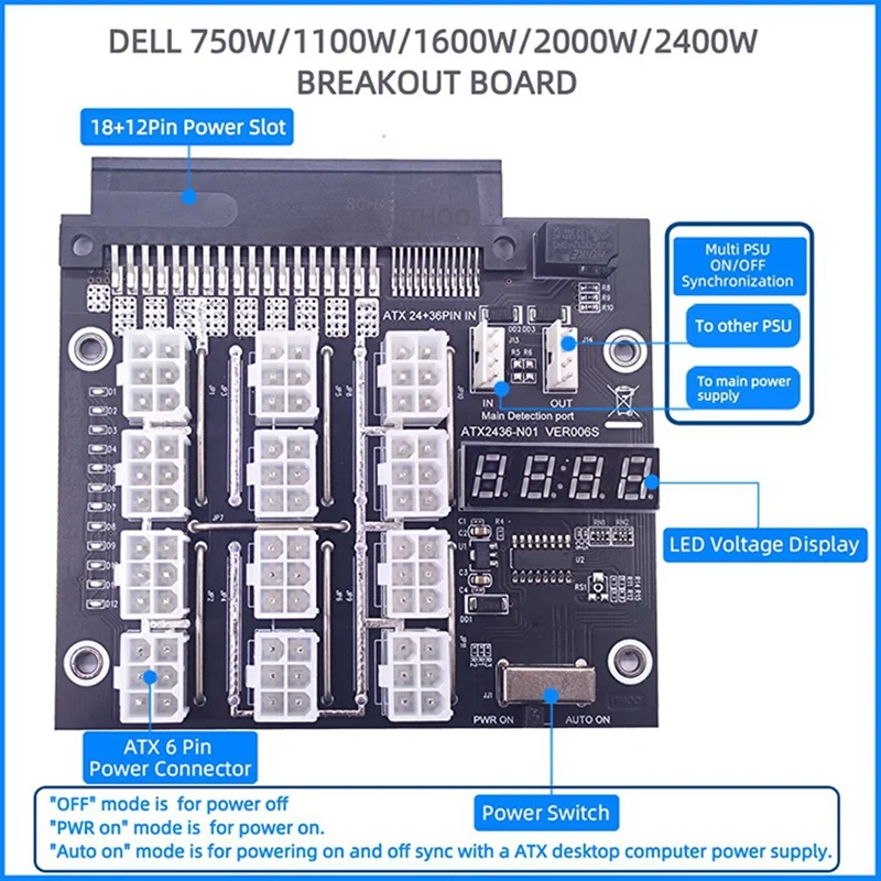 Mining Breakout Board 12Port 6Pin Power Supply Module Board With LED 4Pin Cable For Dell PSU Server 750W 1100W 1600W