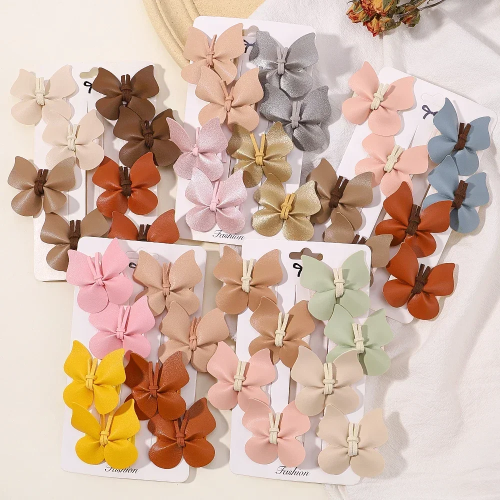 8pcs Baby Girls Cute Butterfly Hair Clips for Kids Handmade PU Leather Safe Hairpins Headband Solid Princess Hair Accessories